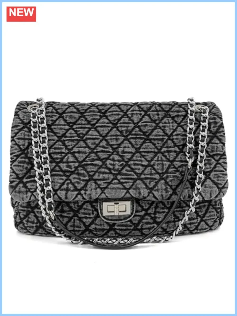 Quilted Washed Denim Hobo Bag with Chain Straps - Large